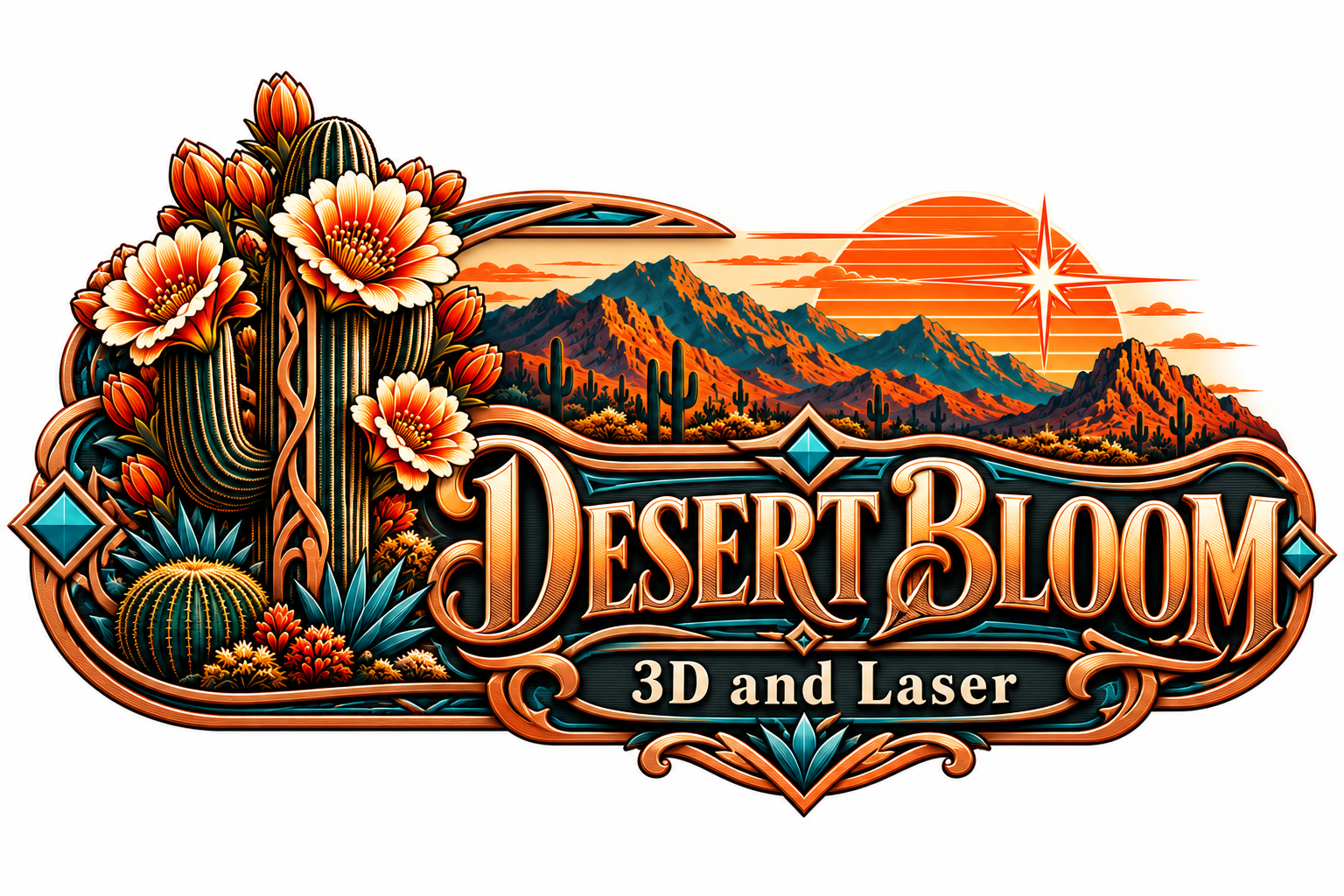 Desert Bloom 3D and Laser — flowering cactus, copper lettering and a Sonoran sunset
